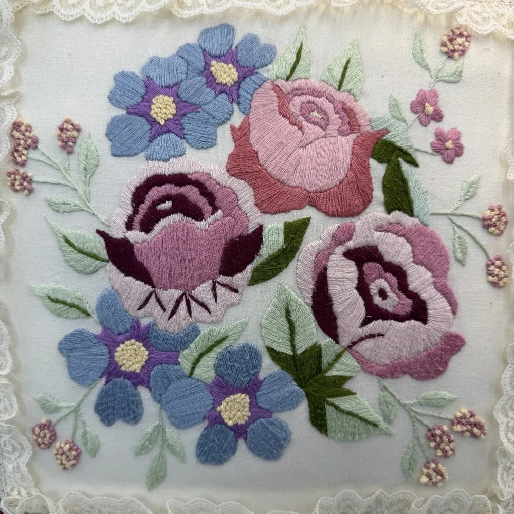 Embroidered Floral Cottage Core Grandma Throw Pillow Decorative Multicolor Lace